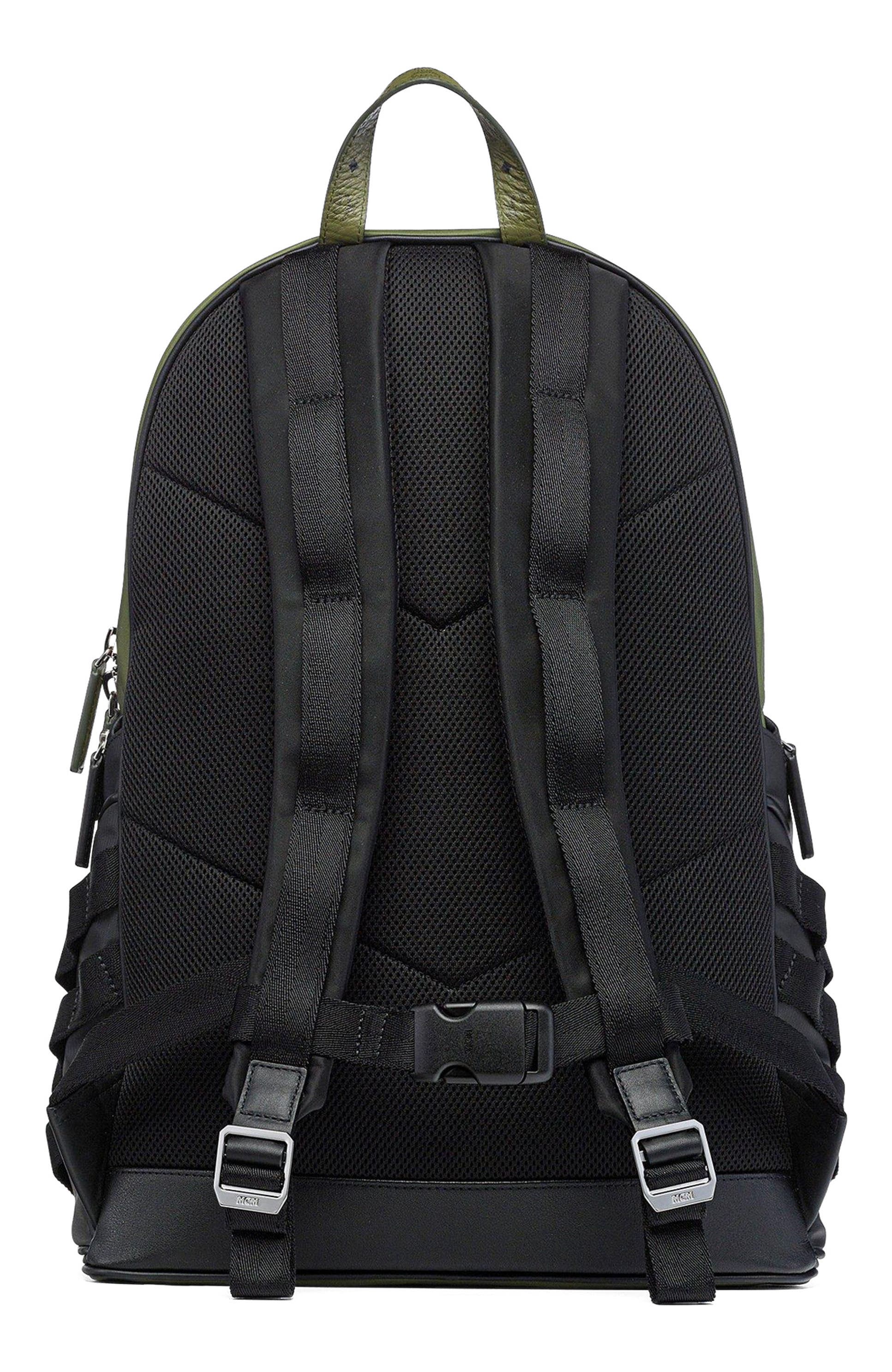 MCM Aren Backpack in ECONYLÂ<sup>®</sup> and Monogram Print Leather, Alternate, color, Khaki Moss