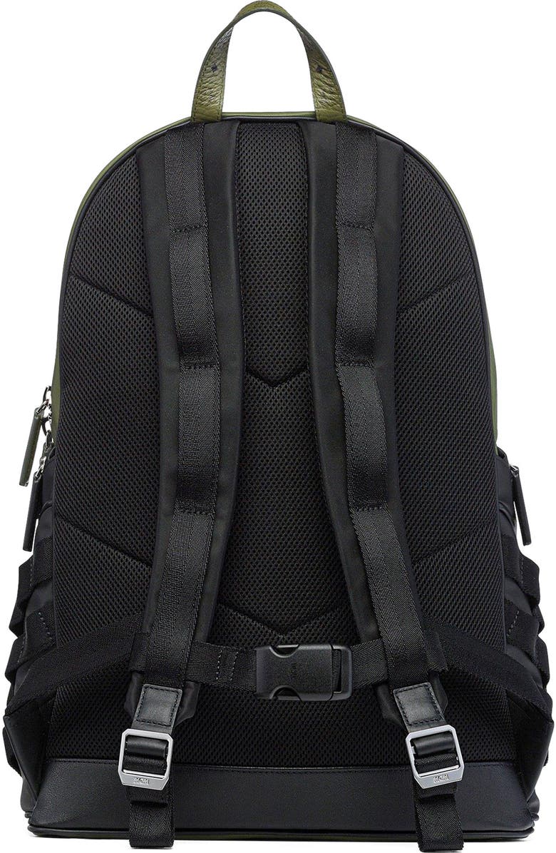 MCM Aren Backpack in ECONYLÂ<sup>®</sup> and Monogram Print Leather, Alternate, color, Khaki Moss