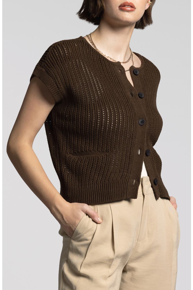 Violette Short Sleeve Linen & Cotton Cardigan, Alternate, color, BLACK BROWN