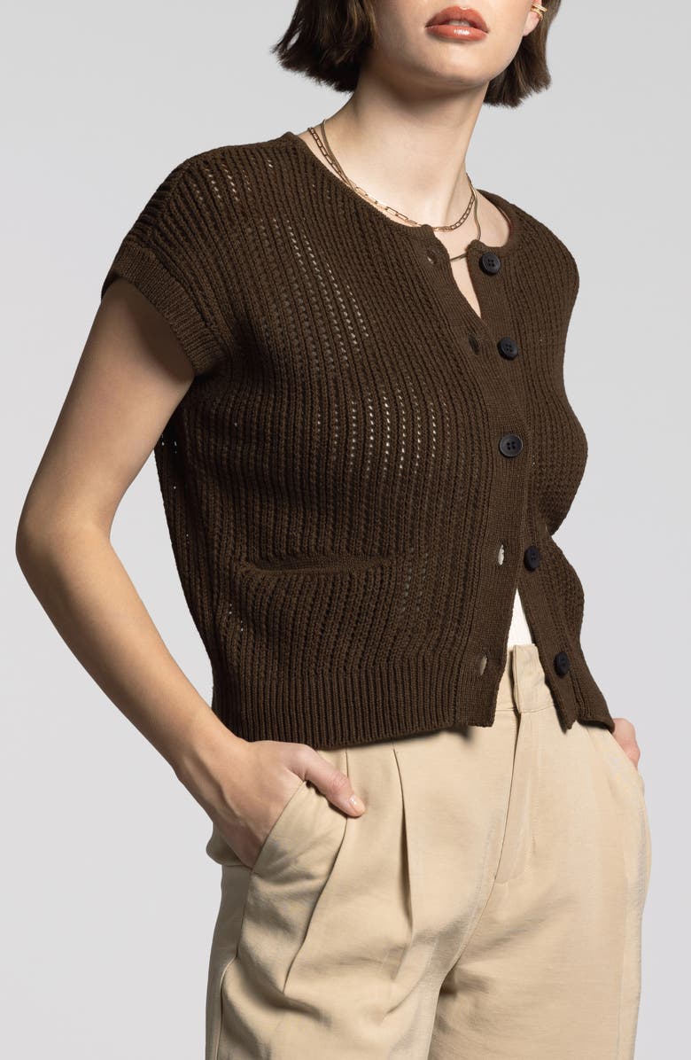 WEEKEND LOS ANGELES Violette Short Sleeve Linen & Cotton Cardigan, Alternate, color, Black Brown