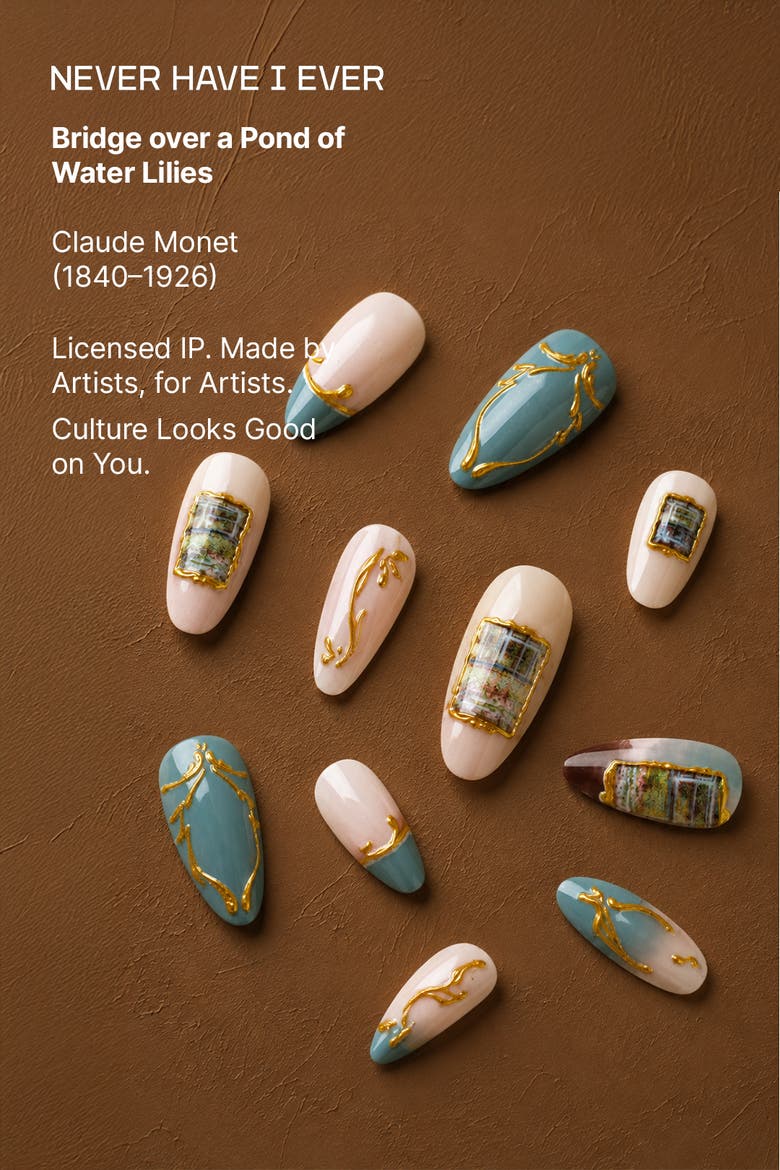 Claude Monet Bridge Over A Pond Of Water Lilies Almond Press On Nails, Alternate, color, Blue