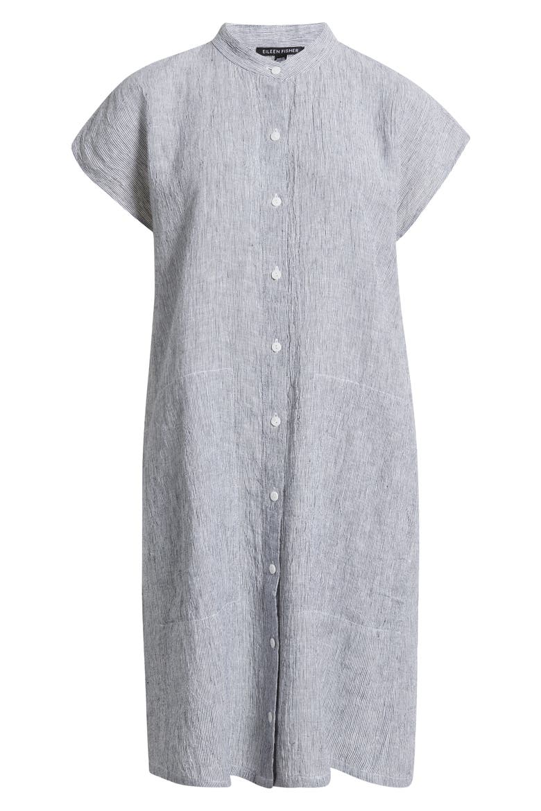 Band Collar Stripe Organic Linen Shirtdress, Alternate, color, INK