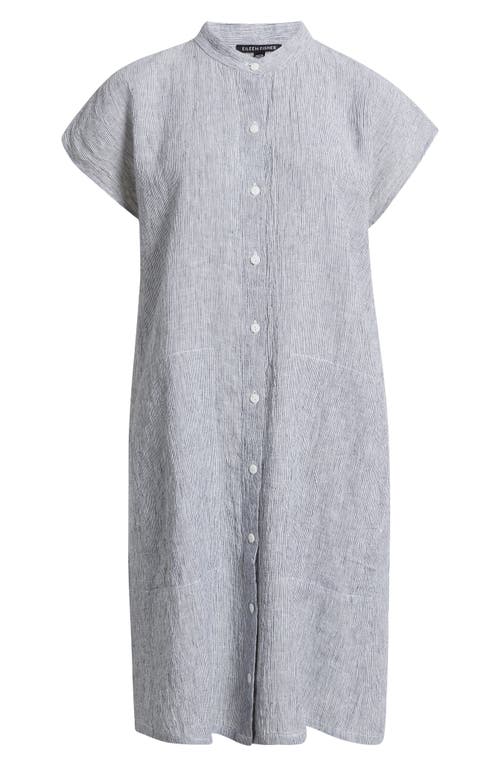 Eileen Fisher Band Collar Stripe Organic Linen Shirtdress