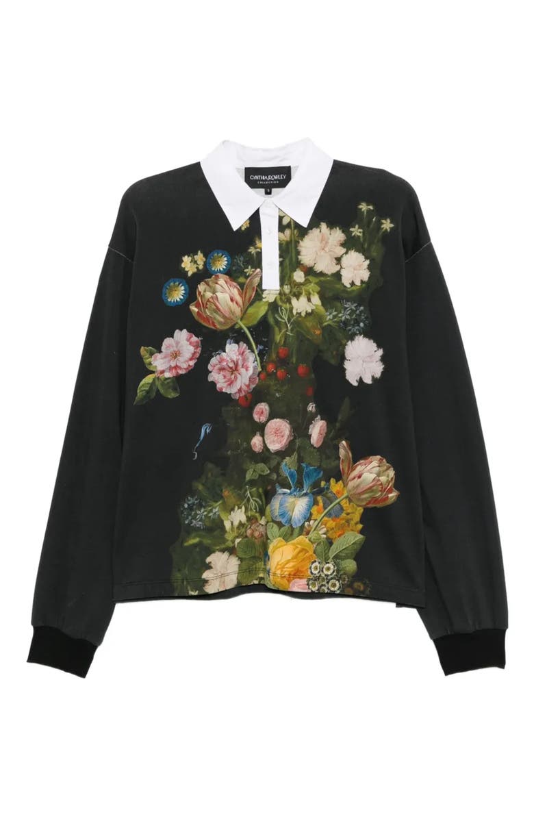 Cynthia Rowley Printed Cotton Rugby Shirt, Main, color, Black Bouquet