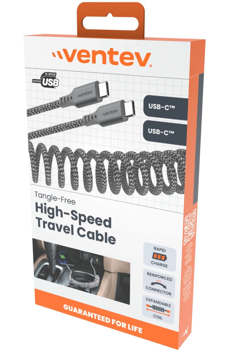 Ventev Helix USB-C to USB-C High Speed Travel 3 Foot Cable, Alternate, color, Gray