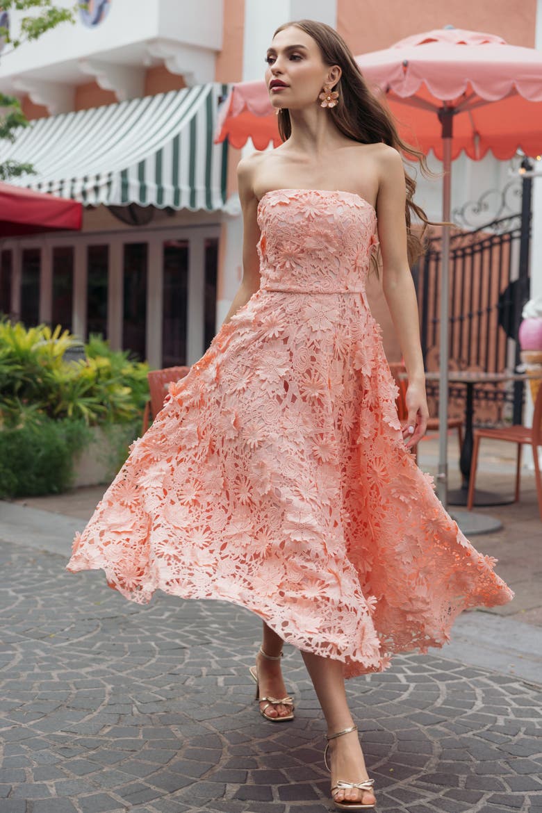 Floral Lace Strapless A Line Midi Dress, Alternate, color, Blush