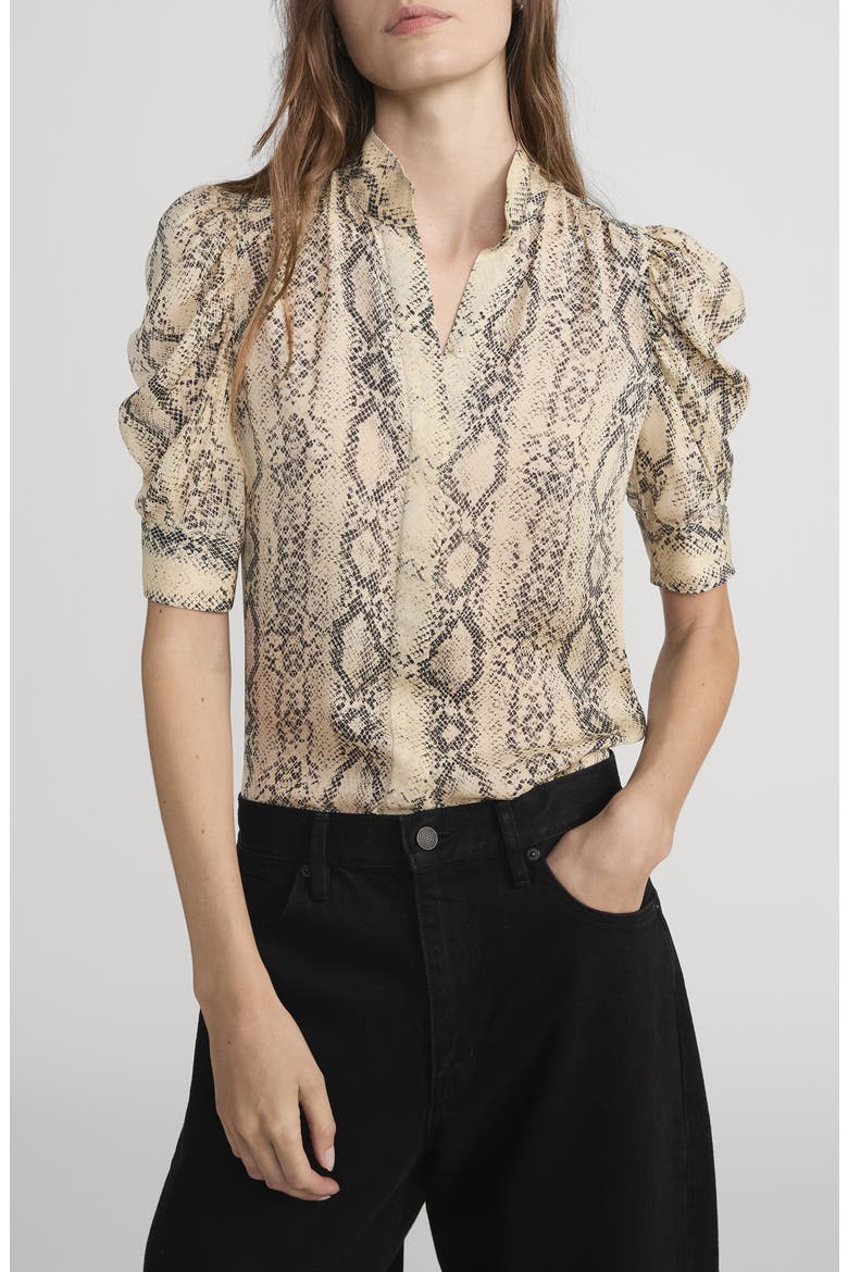 The Gillian Snake Print Puff Sleeve Silk Top, Main, color, CAMEL MULTI