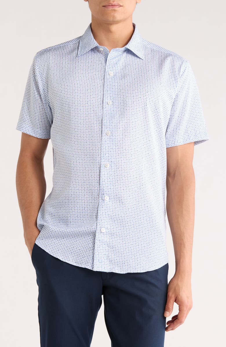 David Donahue Neat Print Short Sleeve Shirt, Main, color, White/ Blue