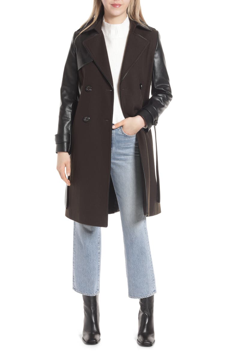 Mixed Media Wool Blend Trench Coat, Main, color, MILITARY GREEN
