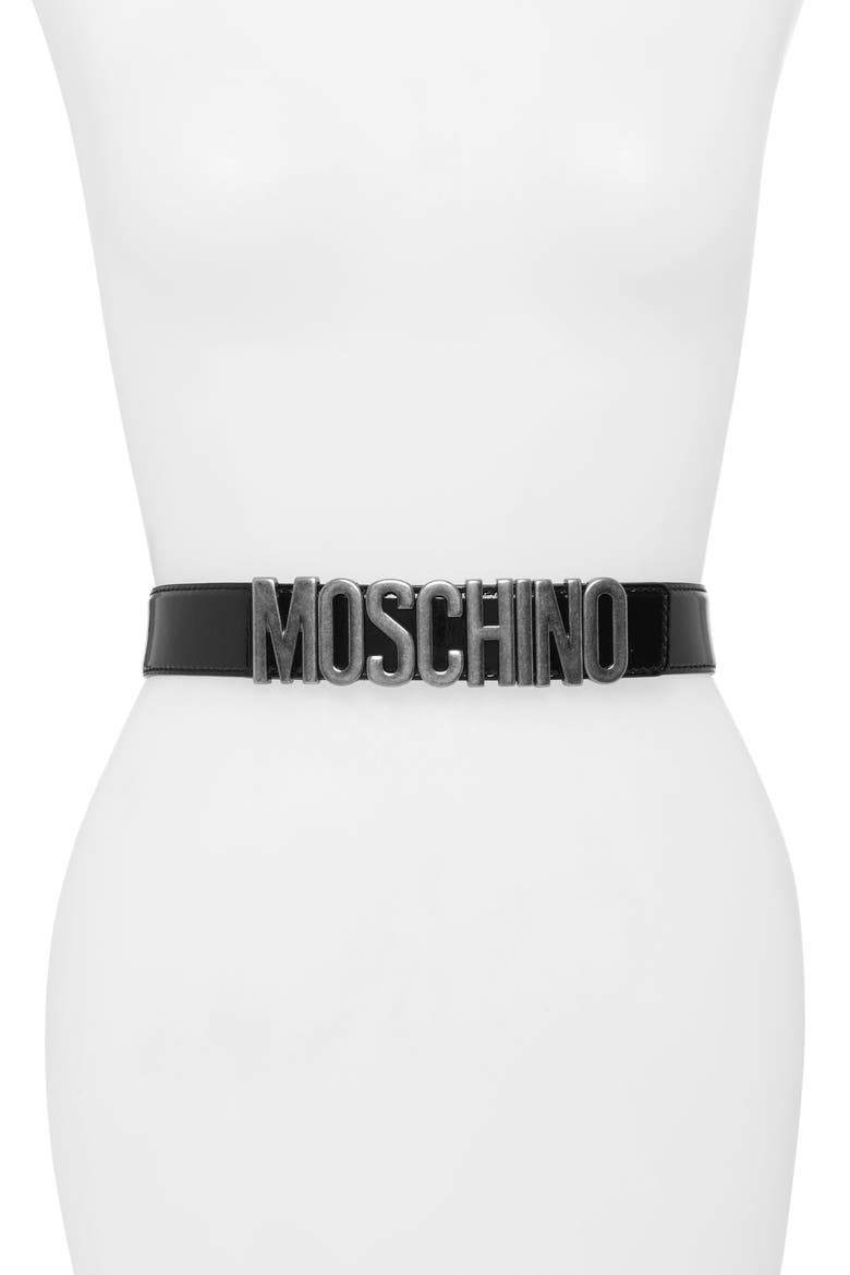 Logo Plate Leather Belt, Main, color, BLACK/ ANTIQUE NICKEL