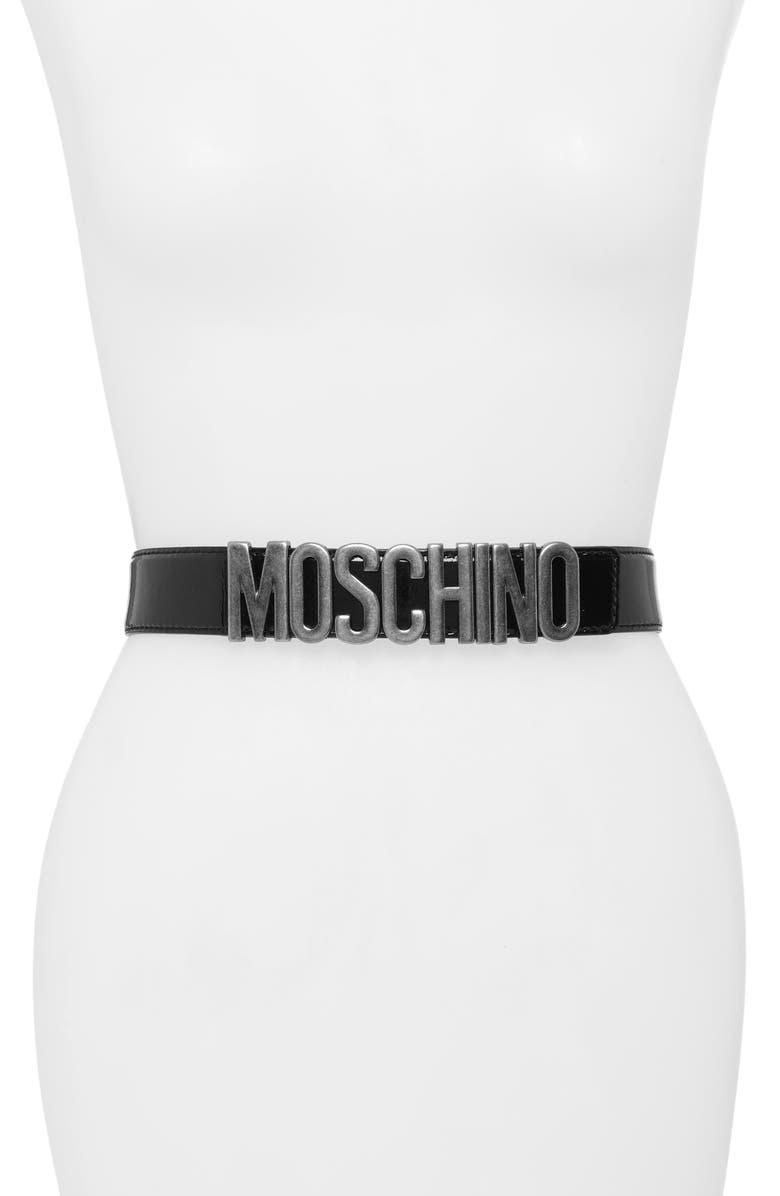 Moschino Logo Plate Leather Belt, Main, color,