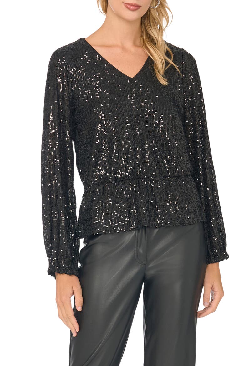 Sequin Mesh Bubble Sleeve Blouse, Main, color, RICH BLACK
