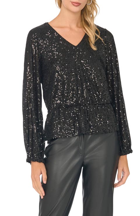 Sequin Mesh Bubble Sleeve Blouse