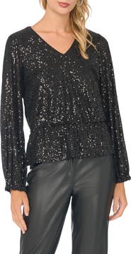 Vince Camuto Sequin Mesh Bubble Sleeve Blouse
