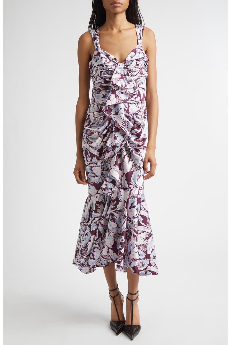 Floral Print Ruffle Dress, Main, color, DEEP PLUM MULTI