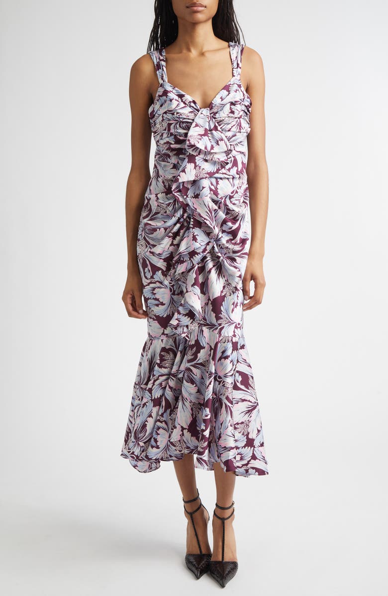 Cinq à Sept Floral Print Ruffle Dress, Main, color, Deep Plum Multi