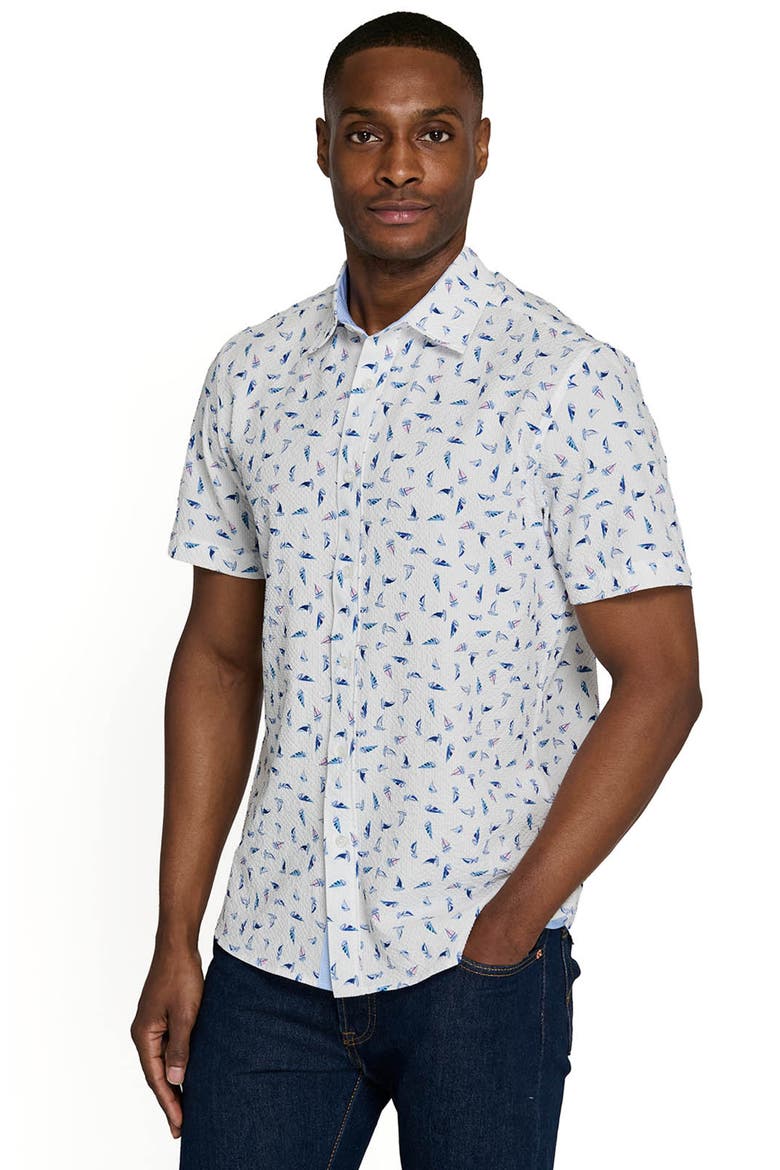 Slim Fit Set Sail Woven Short Sleeve Seersucker, Alternate, color, WHITE/PINK