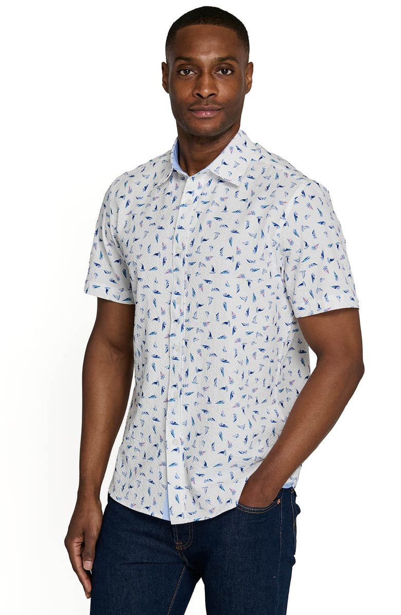 CONSTRUCT Slim Fit Set Sail Woven Short Sleeve Seersucker, Alternate, color, White/Pink