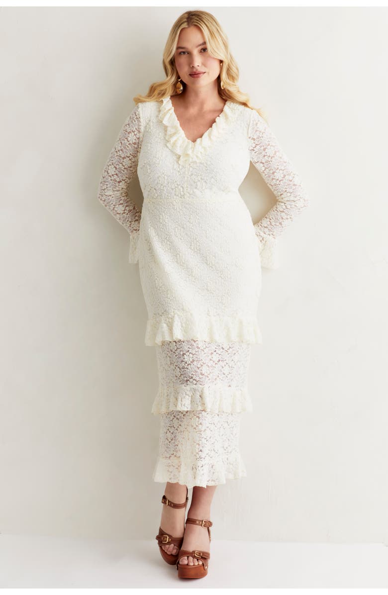 June + Vie Ruffled Lace Maxi Dress, Main, color, Warm Cream