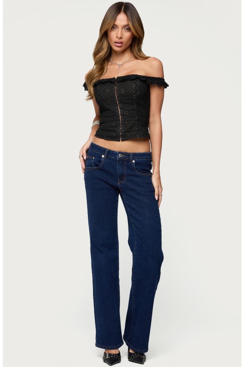 Jordana Ruffle Eyelet Off the Shoulder Crop Top, Alternate, color, BLACK