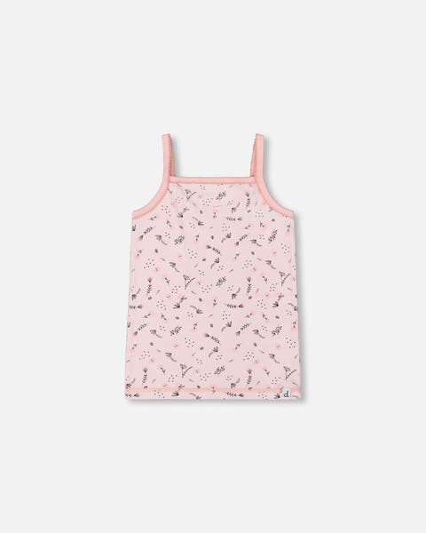 Girl's Printed Organic Cotton Tank Top Small Pink Flowers On Pale Pink Background