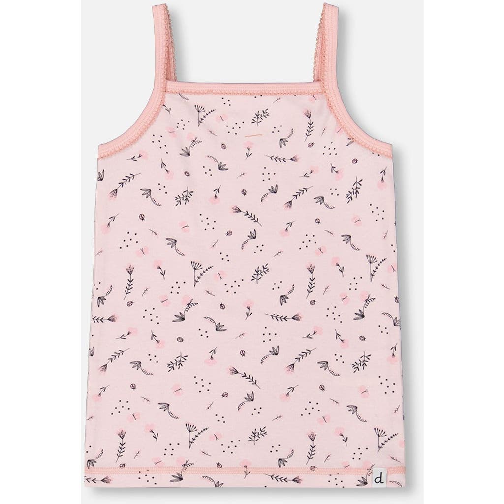 Deux Par Deux Girl's Printed Organic Cotton Tank Top Small Pink Flowers On Pale Pink Background In Pink Flowers On Pale Pink
