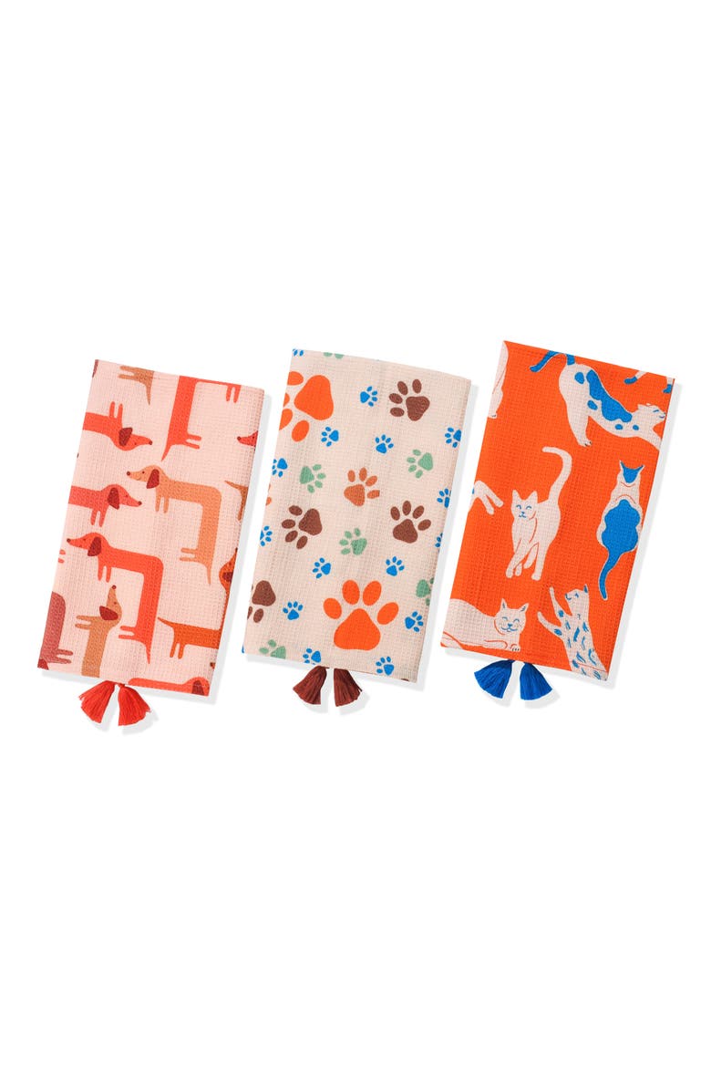 Set of 3 Cotton Waffle Knit Kitchen Towels, Main, color, TANGERINE/ ROYAL BLUE