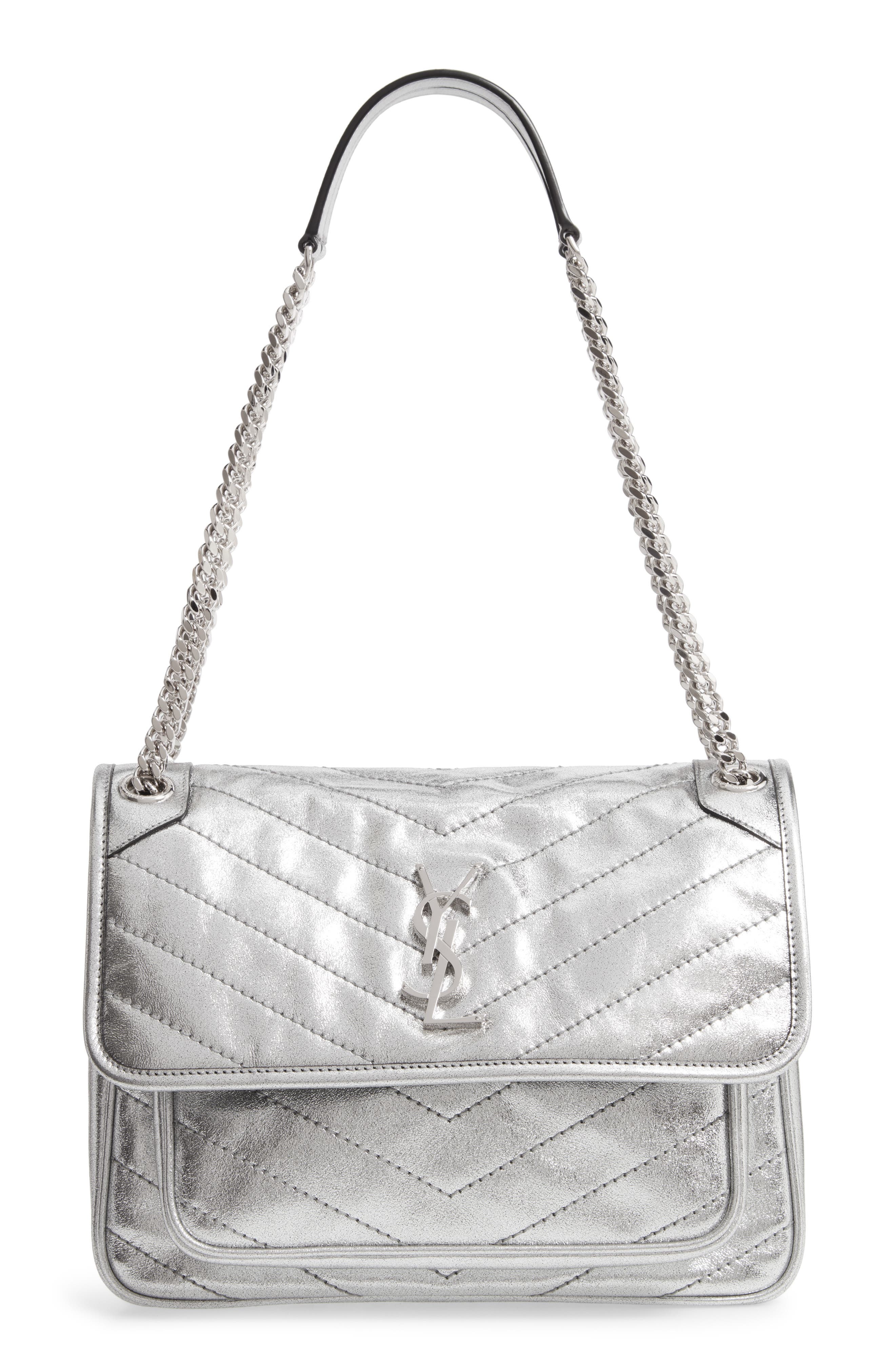 Medium Niki Leather Shoulder Bag, Main, color, SILVER