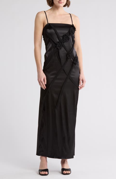 Flower Trim Satin Maxi Slipdress