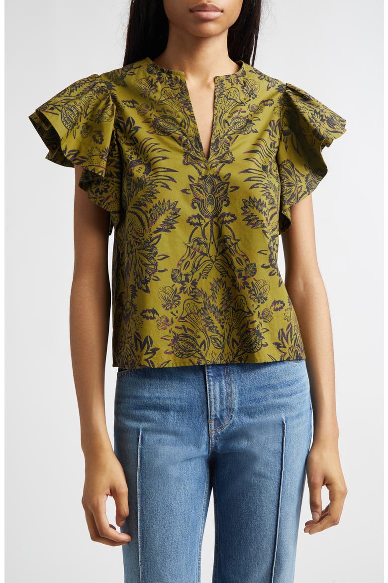 Severine Floral Cotton Flutter Sleeve Top, Main, color, OLIVE FLORA