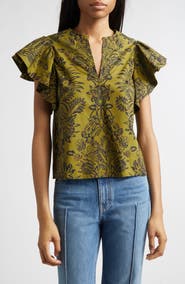 Ulla Johnson Severine Floral Cotton Flutter Sleeve Top