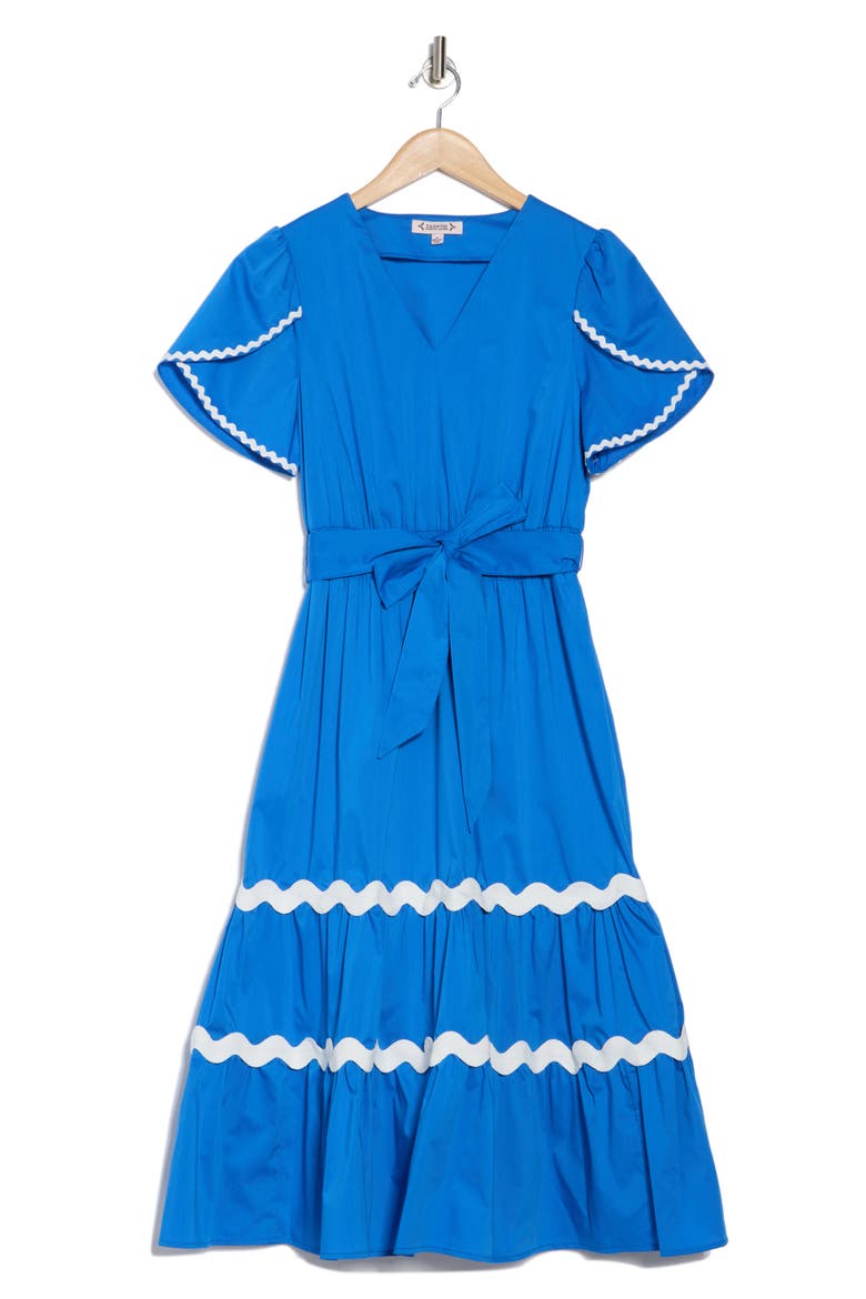 Wavy Lace Trim Tie Waist Midi Dress, Alternate, color, COBALT/ WHITE
