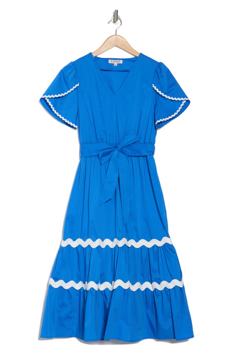 Nanette Lepore Wavy Lace Trim Tie Waist Midi Dress, Alternate, color, Cobalt/ White