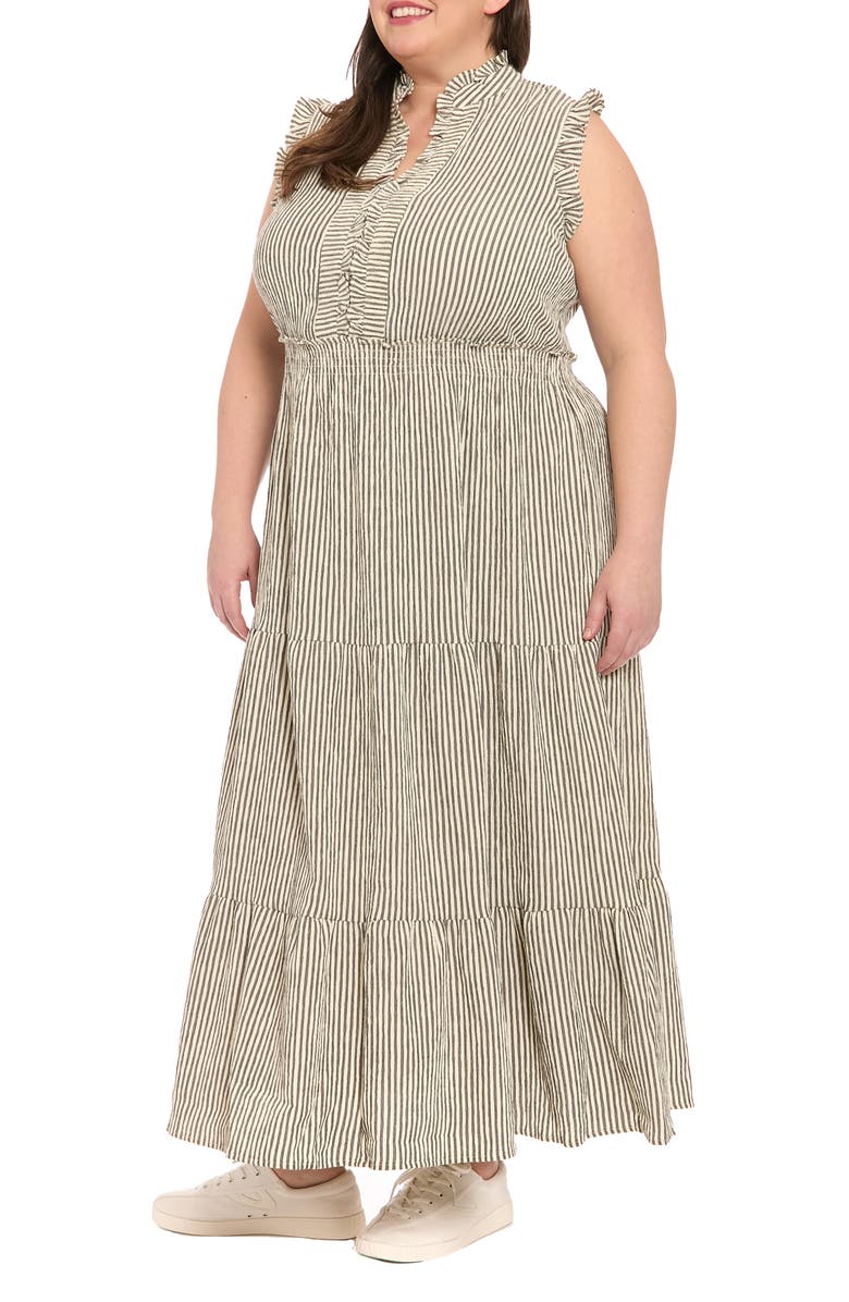London Times Stripe Ruffle Tiered Maxi Dress, Alternate, color, Black