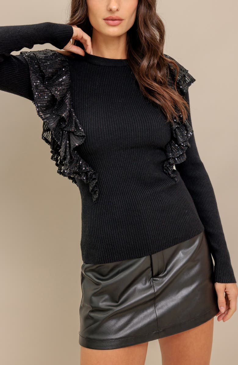 FLYING TOMATO Sequin Ruffle Shoulder Knit Sweater, Alternate, color, Black