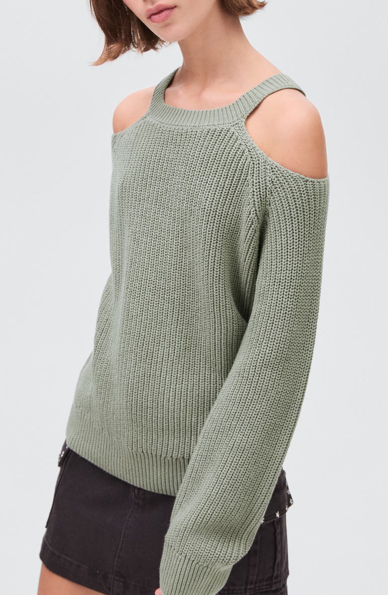 MANGO TEEN Cold Shoulder Cotton Crewneck Sweater, Alternate, color, Khaki Green