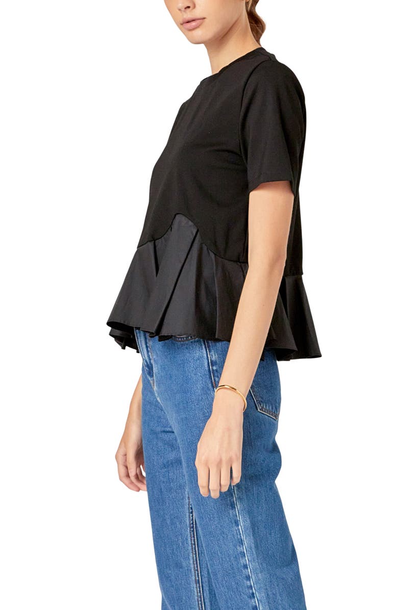 English Factory Mixed Media Ruffle Top, Alternate, color, Black
