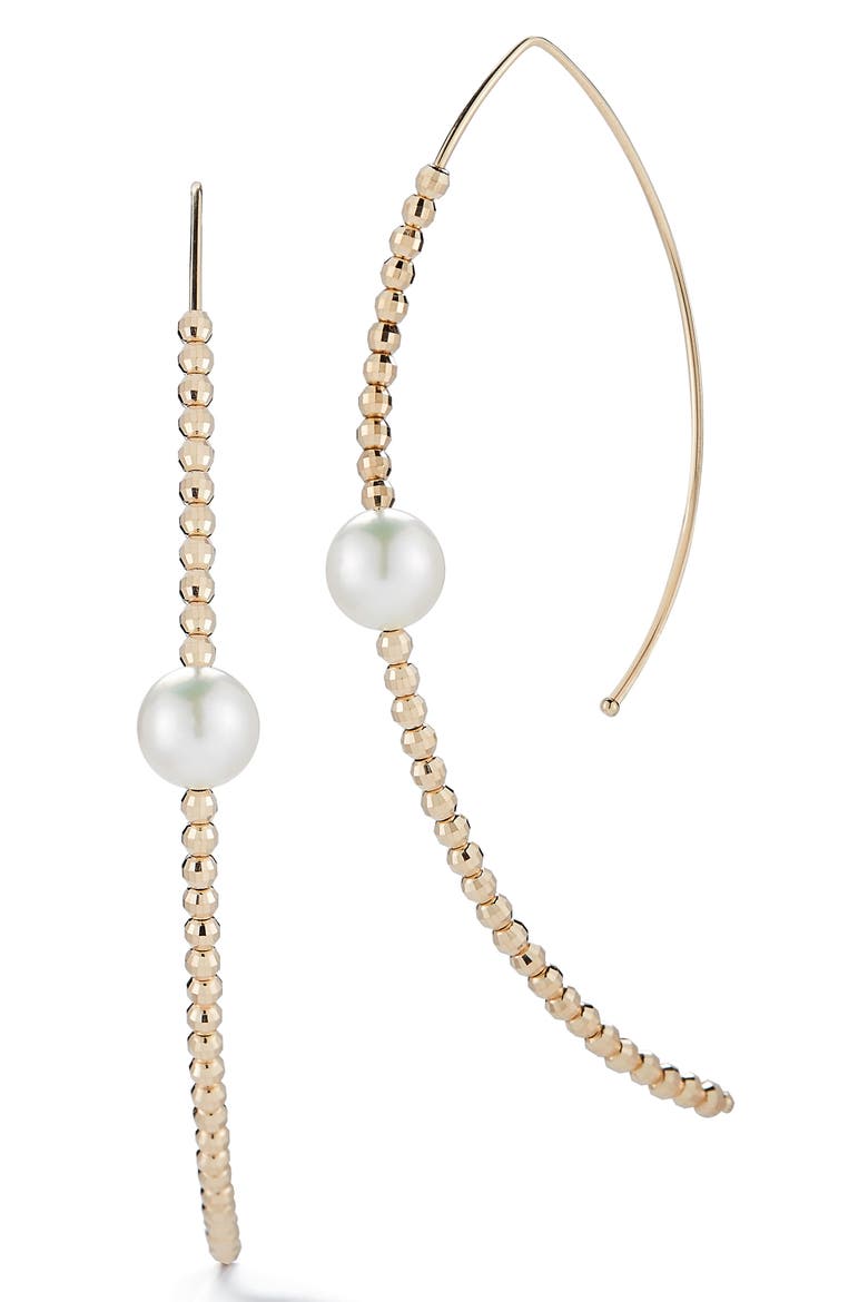 Gold Bead and Genuine Pearl Marquise Hoop Earrings, Main, color, YELLOW GOLD