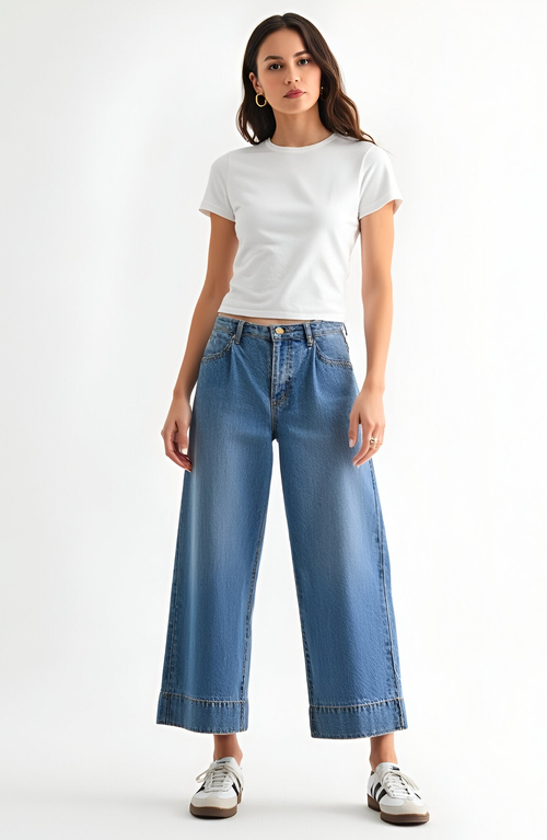Modenaire Wide Leg Cropped Denim Pants With High Waist And Cuffed Hem In Blue