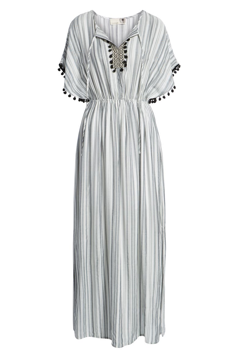 Stripe Pompom Trim Caftan, Alternate, color, IVORY BLACK