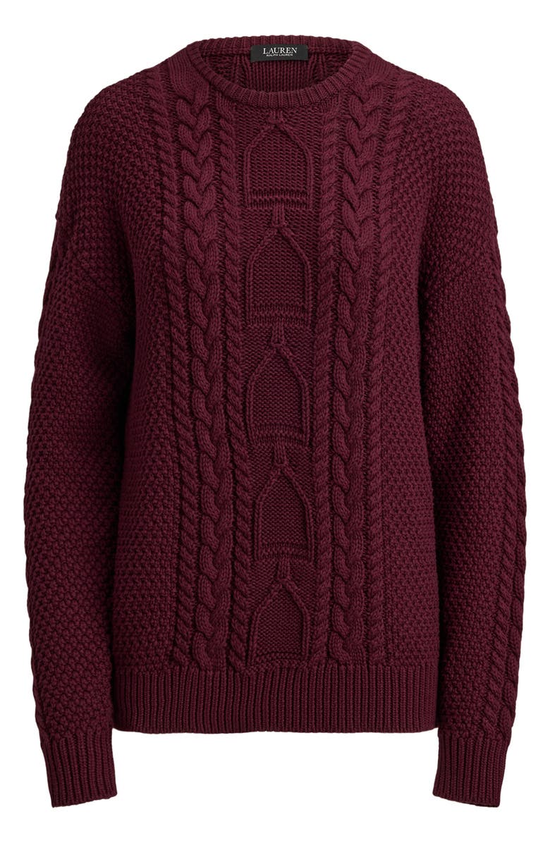 Lauren Ralph Lauren Cabled Cotton Crewneck Sweater, Alternate, color, Dark Garnet
