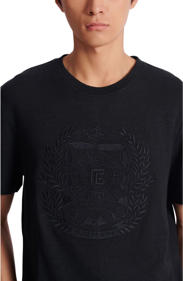Balmain Écusson Embroidered Linen T-Shirt, Alternate, color, Black