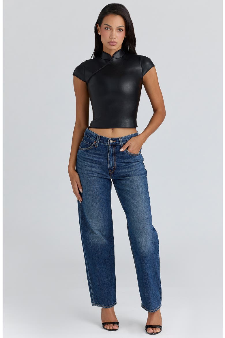 Bobbi Mandarin Collar Faux Leather Crop Top, Alternate, color, BLACK