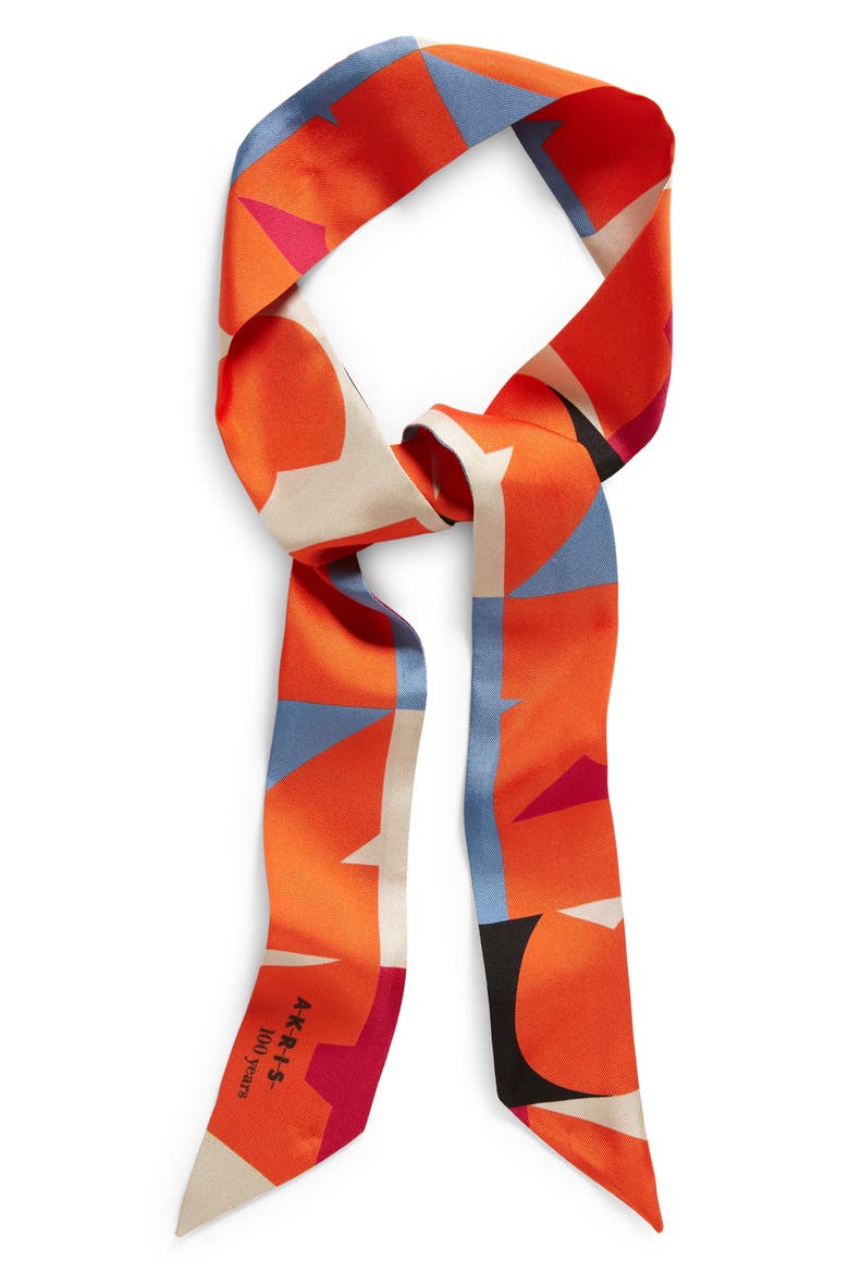 Block Print Silk Twill Skinny Scarf, Main, color, 063 MULTI ORANGE