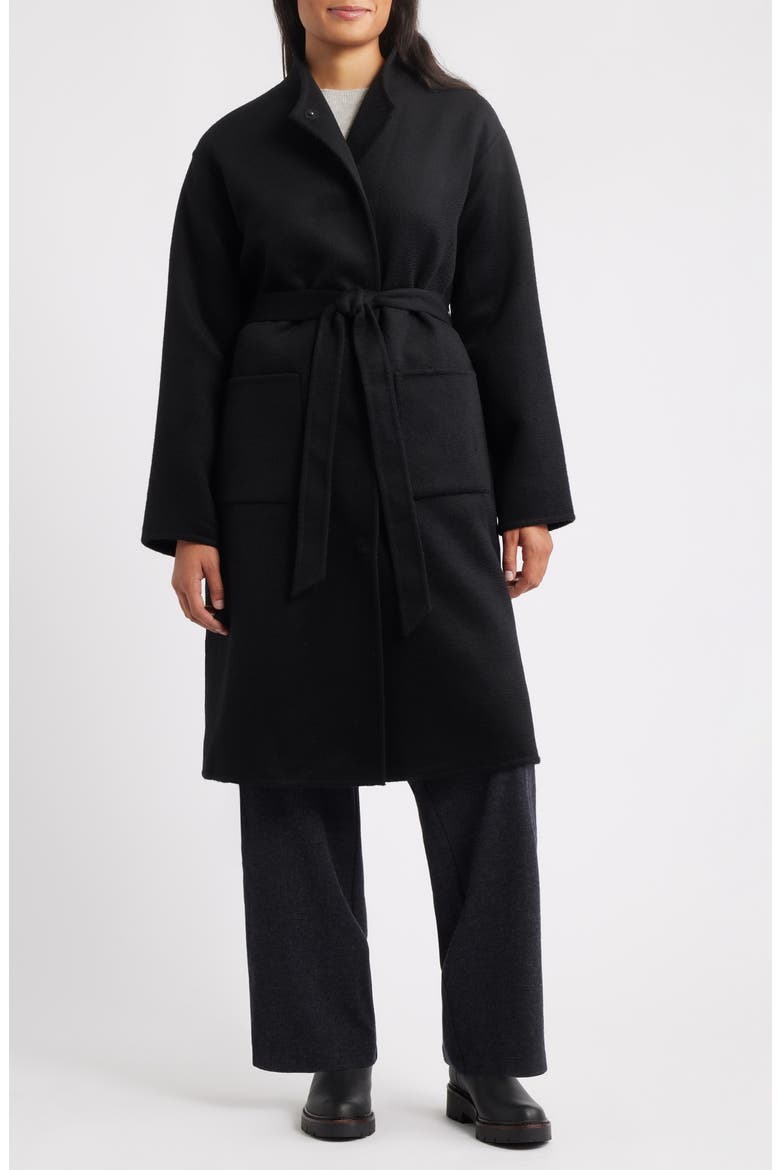 Belted Stand Collar Wool Coat, Main, color, BLACK