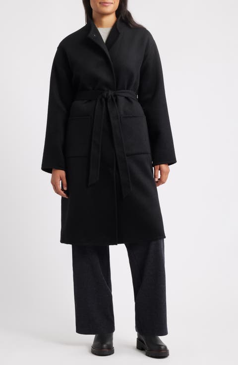 Belted Stand Collar Wool Coat