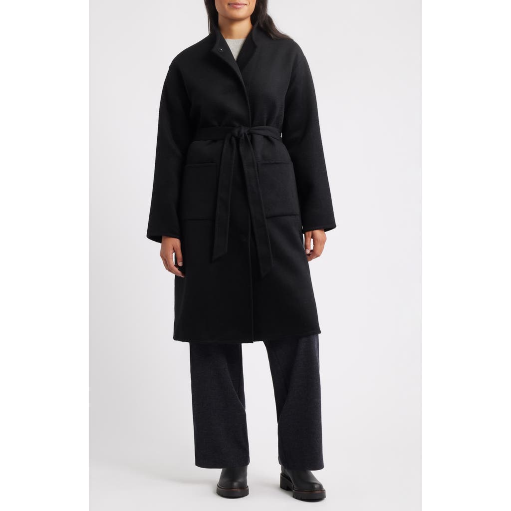 Eileen Fisher Belted Stand Collar Wool Coat In Black