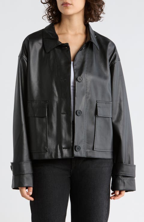 Faux Leather Shirt Jacket