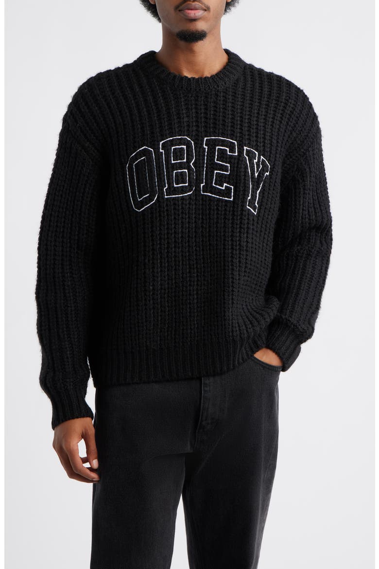 Embroidered Collegiate Logo Ribbed Crewneck Sweater, Main, color, BLACK MULTI