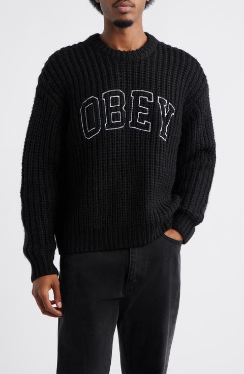 Embroidered Collegiate Logo Ribbed Crewneck Sweater